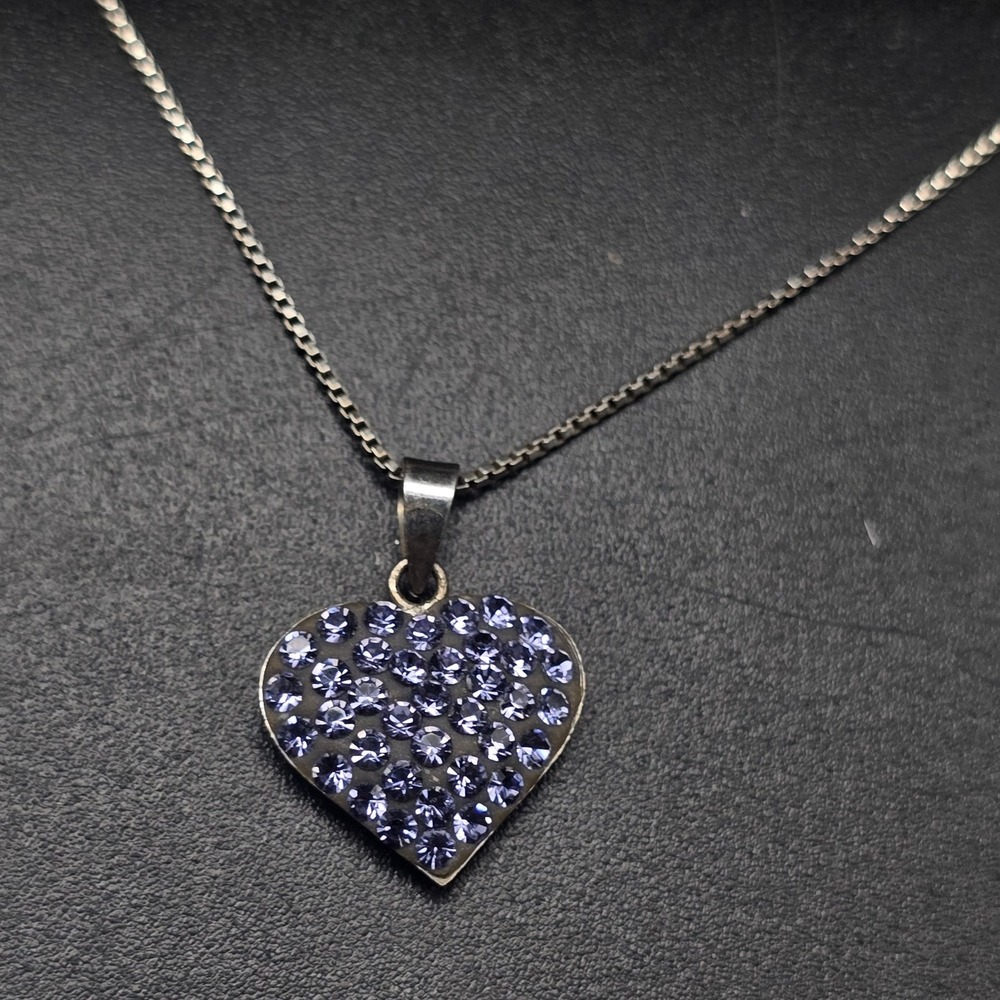 Sterling Silver Purple Rhinestone Heart Necklace Pendant 925
